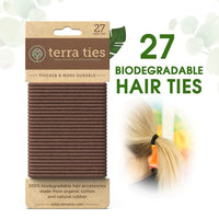 Packaging terra ties, 27 brown biodegradable hair ties. Thicker and more durable
