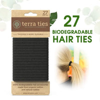 Terra ties packaging showing 27 black biodegradable hair ties