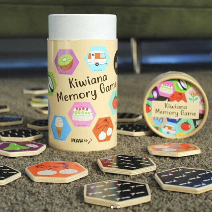 Kiwiana Memory Game packaging with game pieces on a neutral background