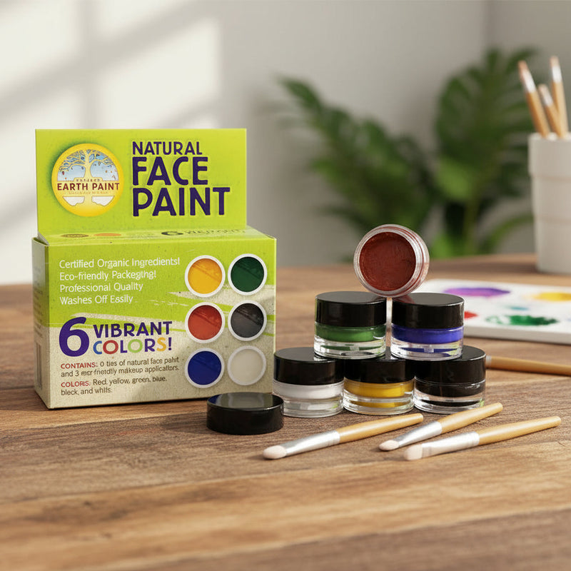Natural face paint kit with jars of paint and brushes sitting on a timber table