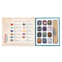 Open box showing Gemstone properties on one side and and the 12 different stones on the other in separate slots, a just bag rolled up in another slot, white background
