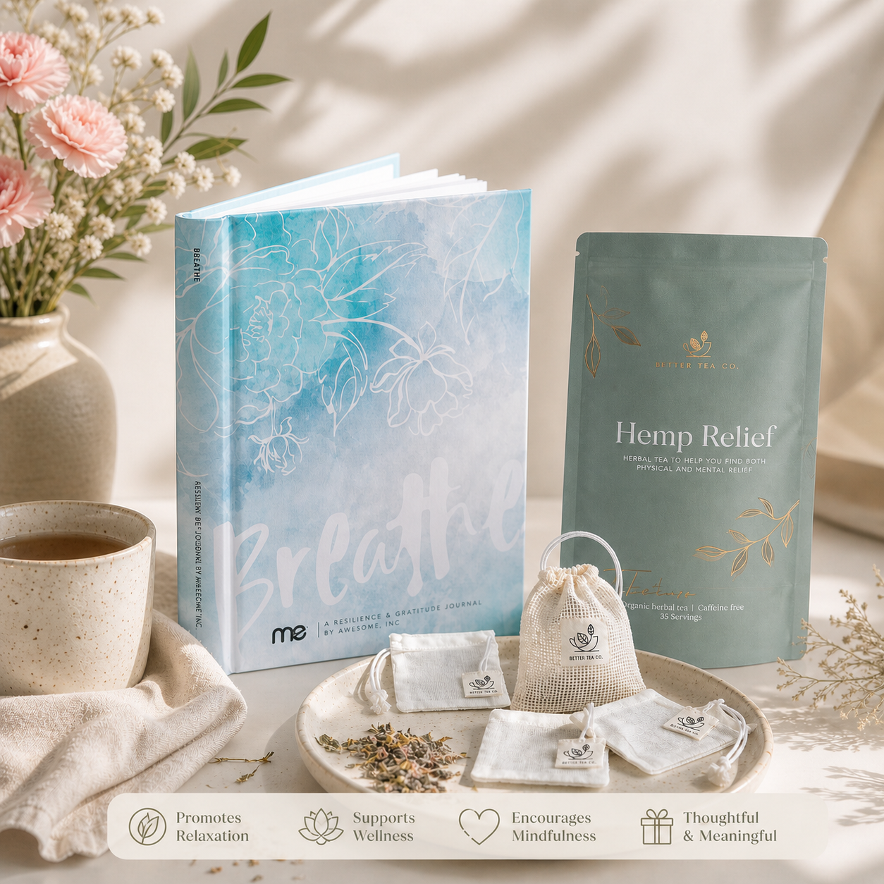 Book titled 'Breathe' with a bag of tea labeled 'Hemp Relief' on a table with flowers and tea and reusable tea bags