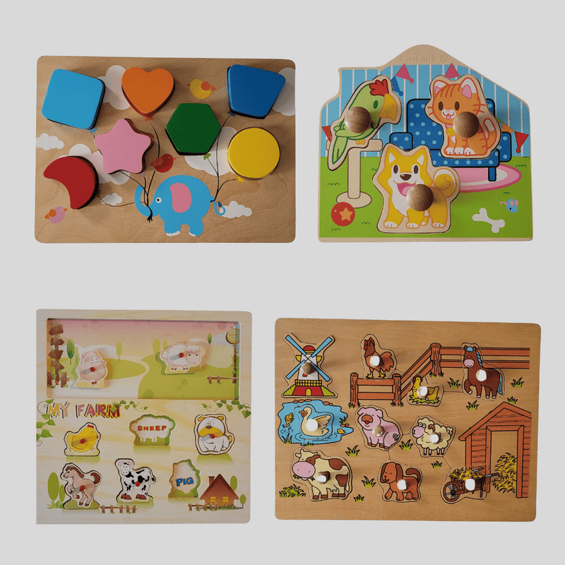Set of wooden puzzles with colorful shapes and animal illustrations on a white background