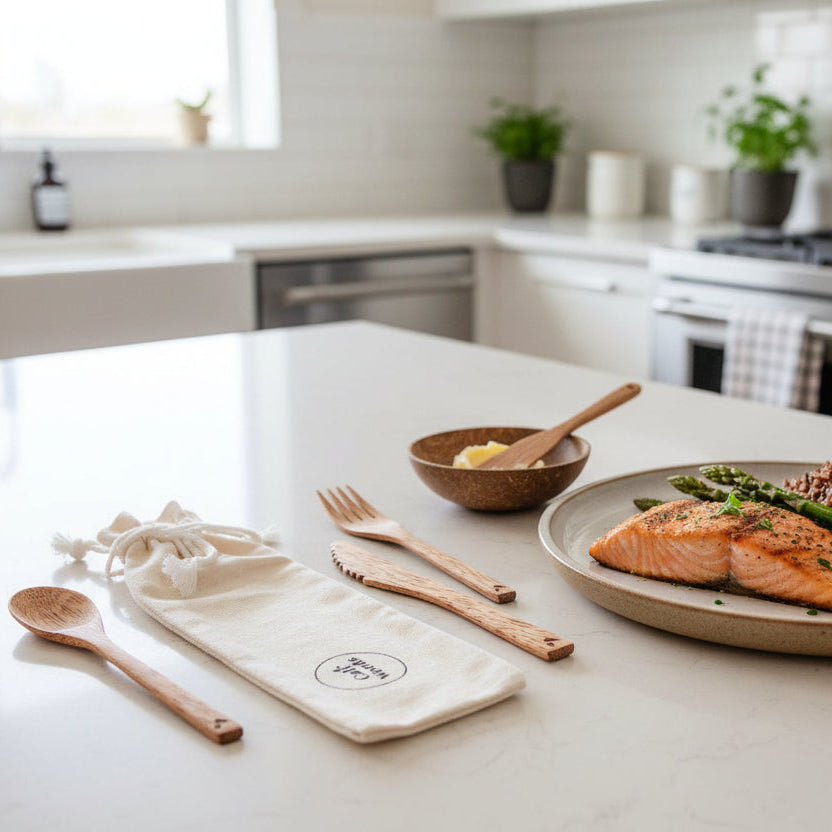 Plated dish of salmon with asparagus on a kitchen counter with wooden utensils and a cloth napkin.