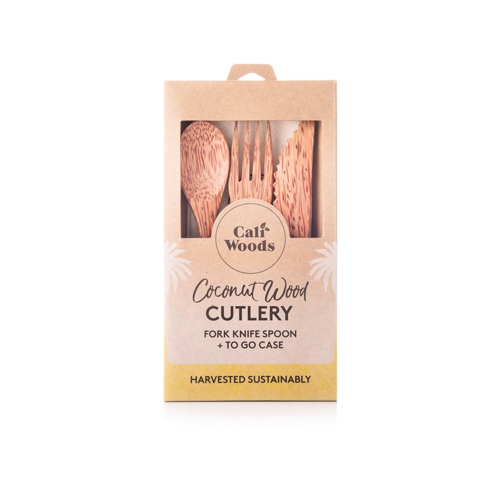 Packaging of Caliwoods coconut wood cutlery, fork, knife, spoon and on the go case