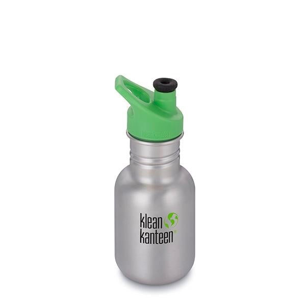 A silver stainless steel kids' water bottle with a green sport cap and a loop for attaching to a bag, designed by Klean Kanteen.