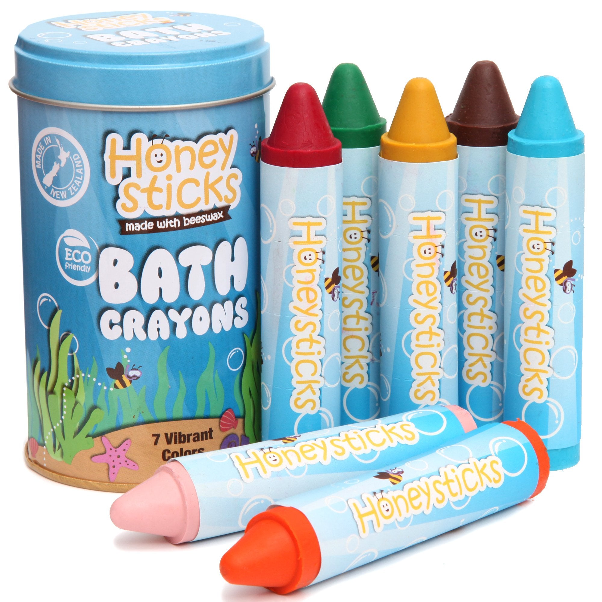 A set of Honeysticks bath crayons in various colors, with packaging that includes the brand name and the phrase 'Made with 100% Pure Beeswax, Soy Wax & Plant Based Emulsifier'. The crayons are presented in a canister with drain holes for storage.